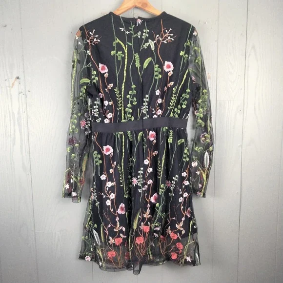 Fairy Grunge Black Mesh Dress S/M Embroidered Flowers Whimsigoth Garden Party - Picture 3 of 10